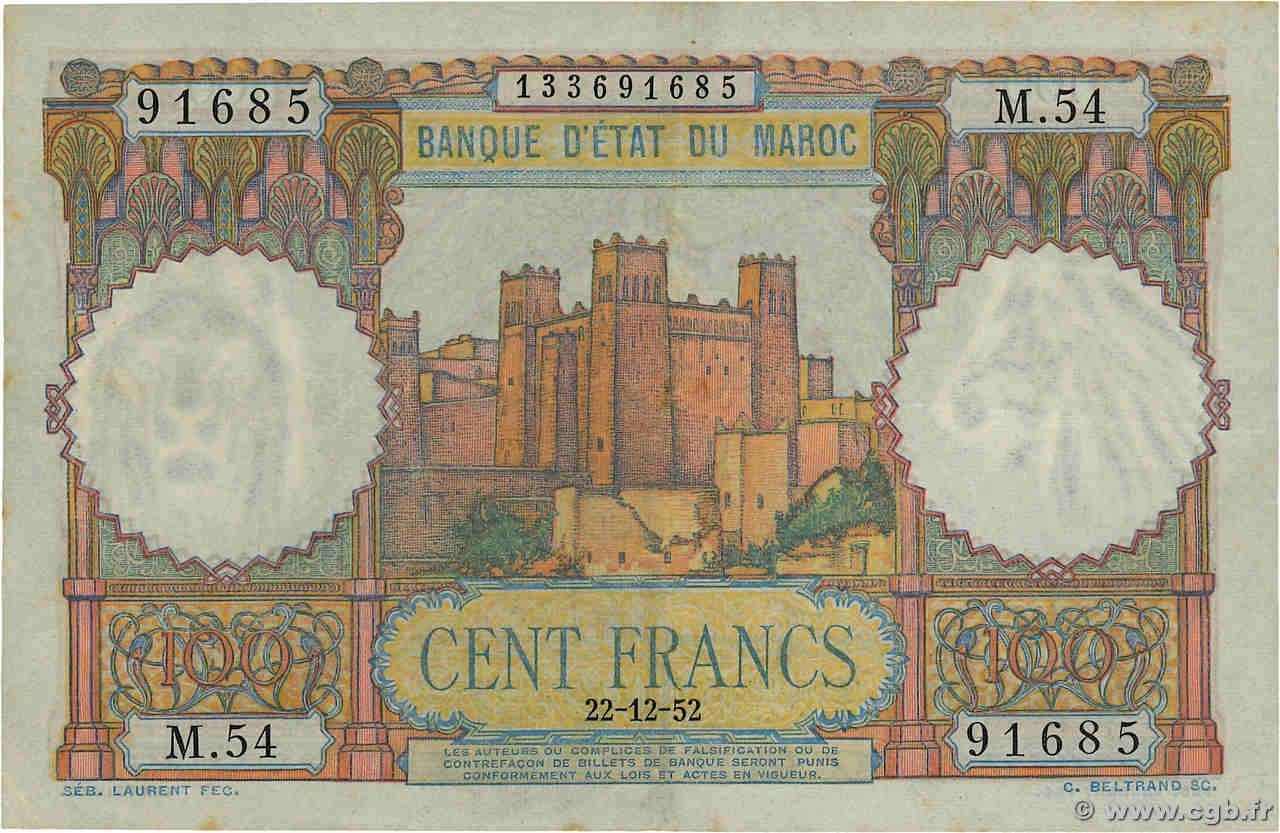 100 Francs MAROC  1952 P.45 TTB