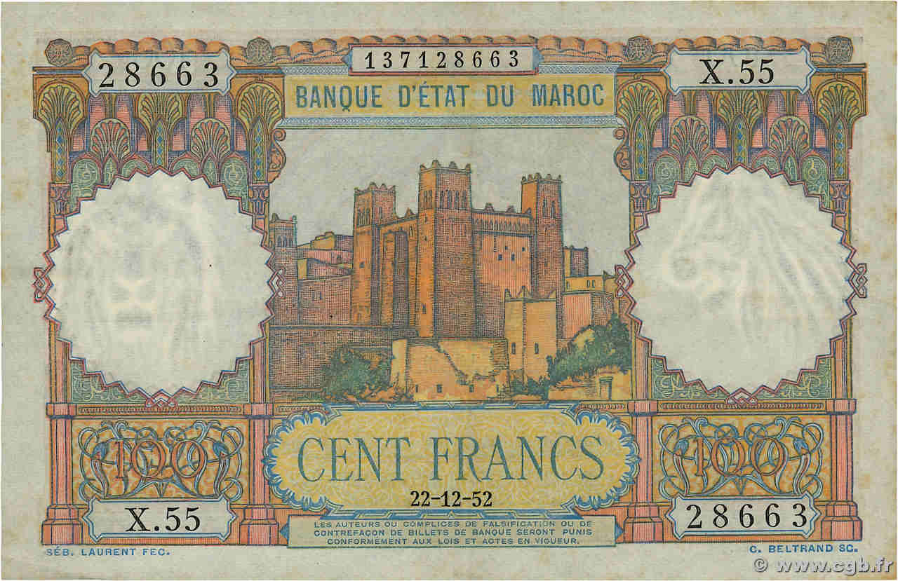 100 Francs MAROC  1952 P.45 TTB