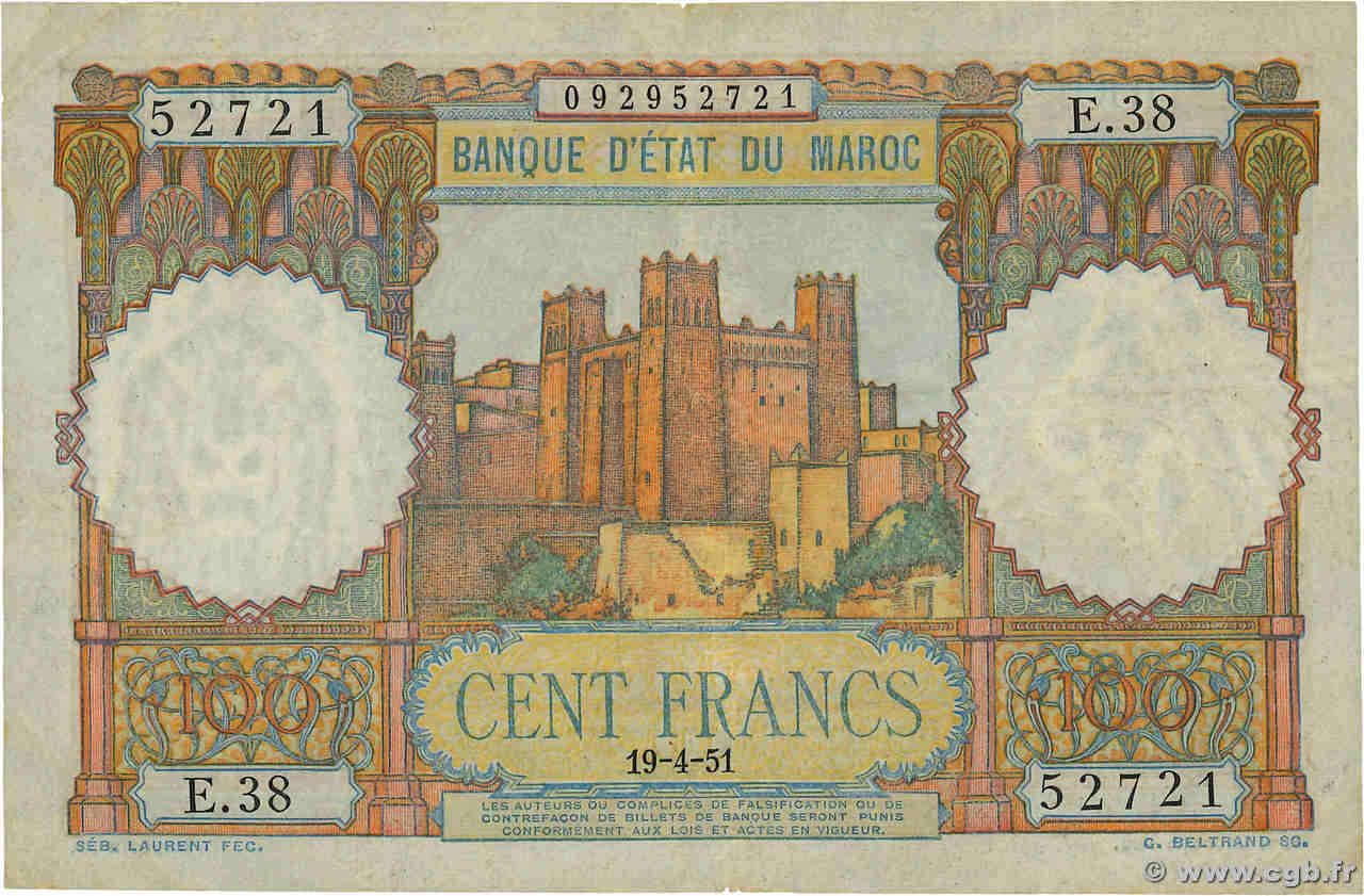 100 Francs MAROC  1951 P.45 pr.TTB