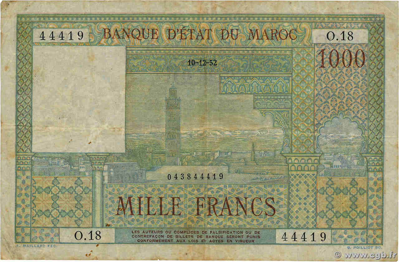 1000 Francs MAROC  1952 P.47 TB
