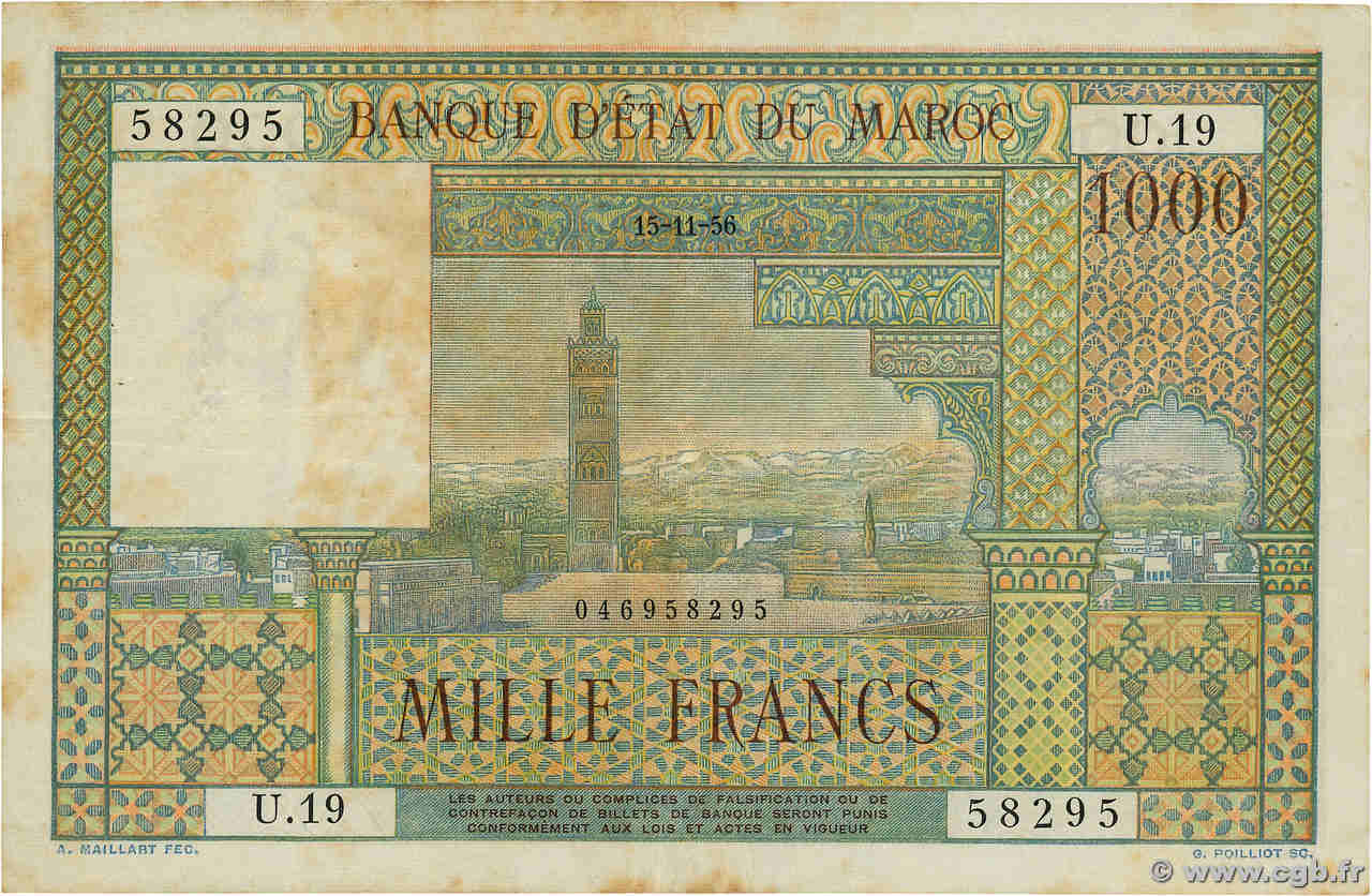 1000 Francs MAROC  1956 P.47 TTB
