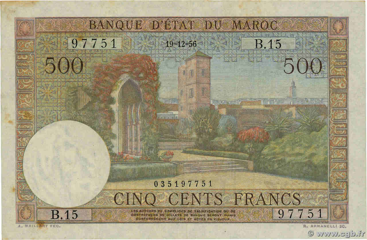 500 Francs MAROC  1956 P.46 TTB+