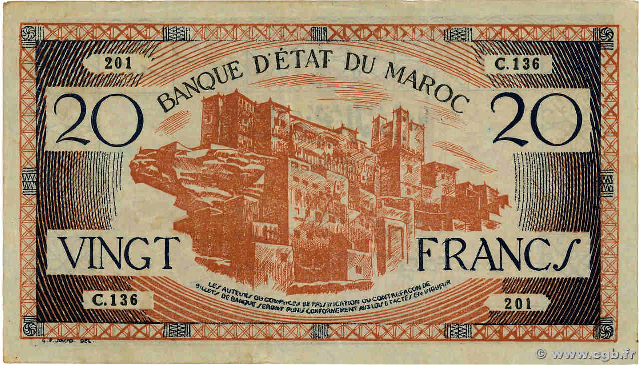 20 Francs MAROC  1943 P.39 TTB