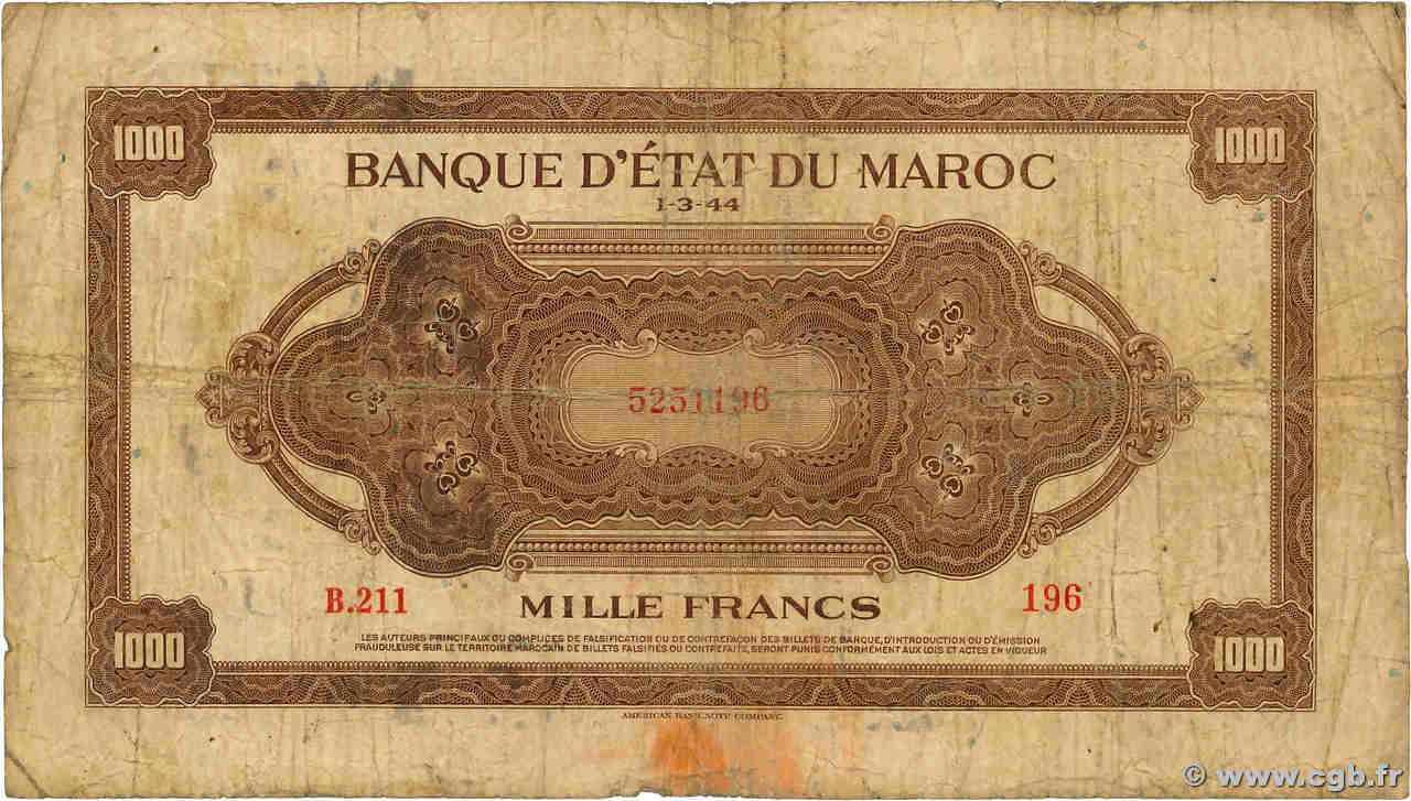 1000 Francs MAROC  1944 P.28 B