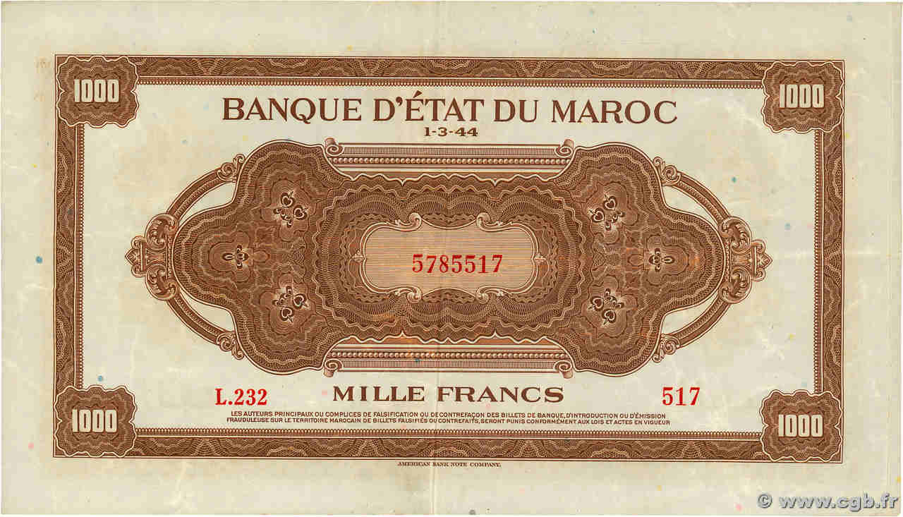 1000 Francs MAROC  1944 P.28 TTB
