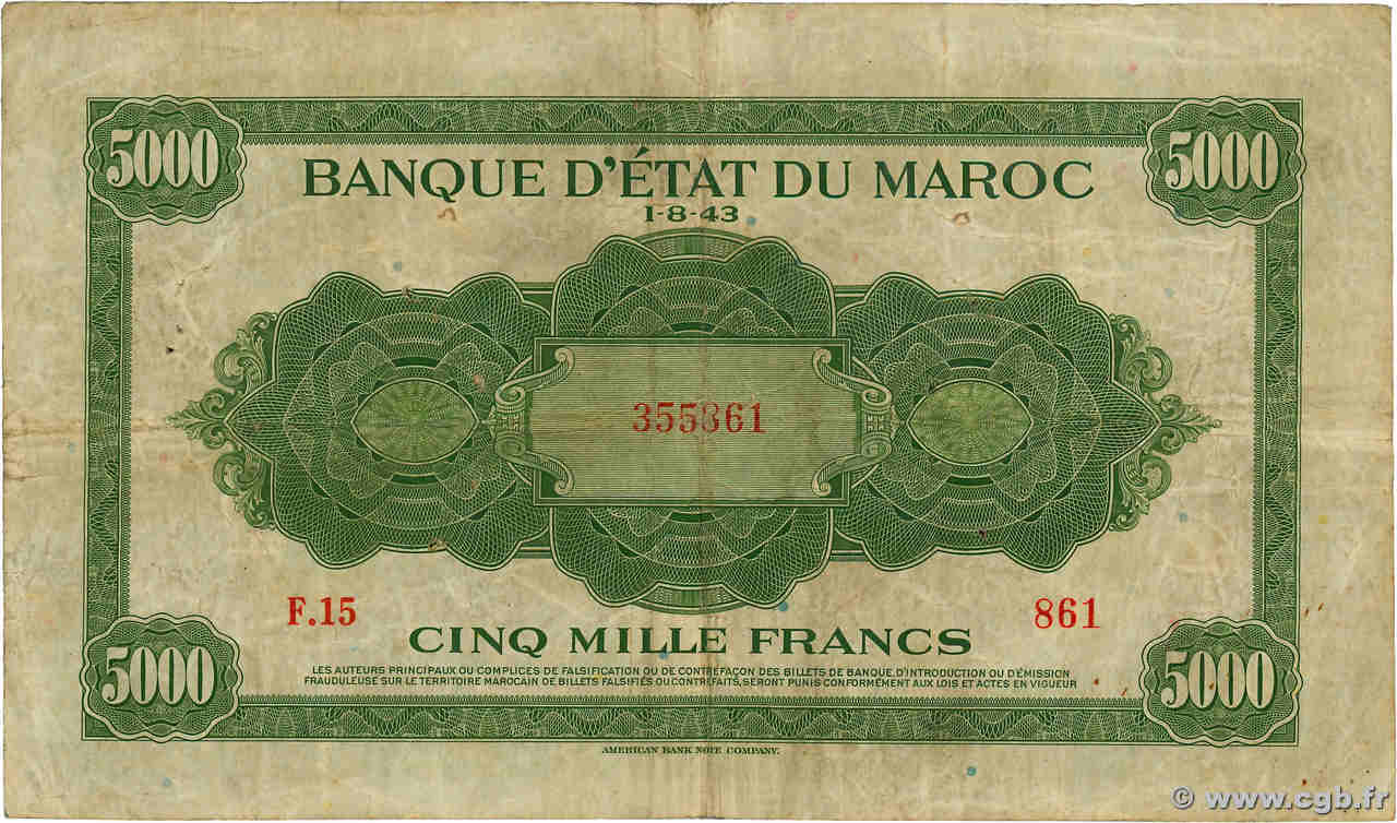 5000 Francs MAROC  1943 P.32 TB