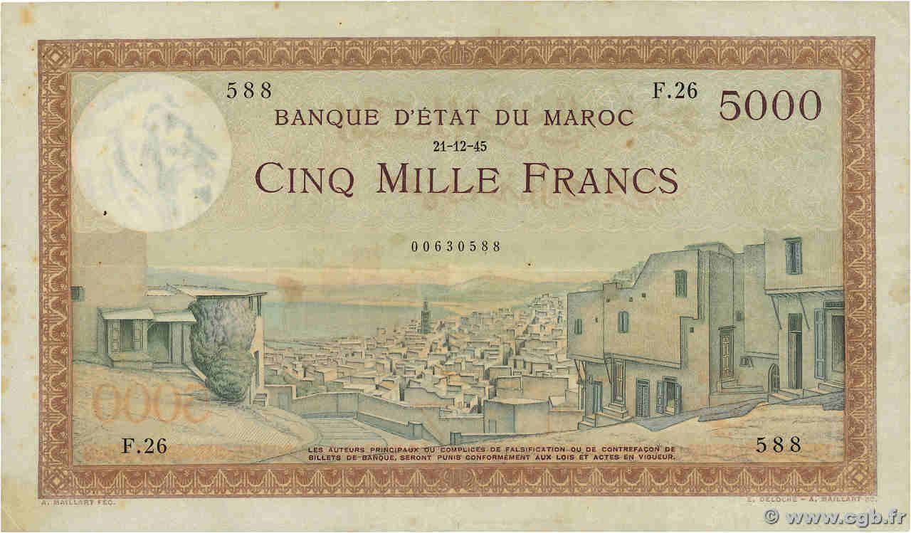 5000 Francs MAROC  1945 P.23 TTB