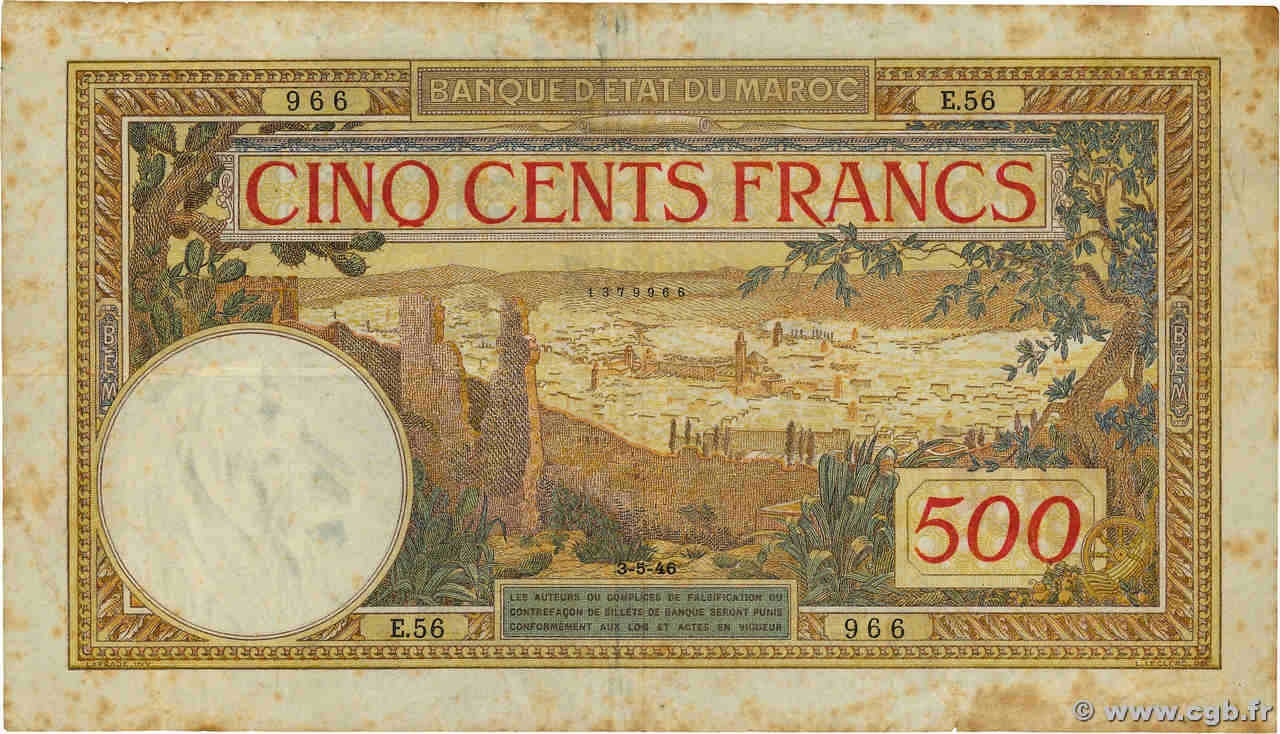 500 Francs MAROC  1946 P.15b TB+