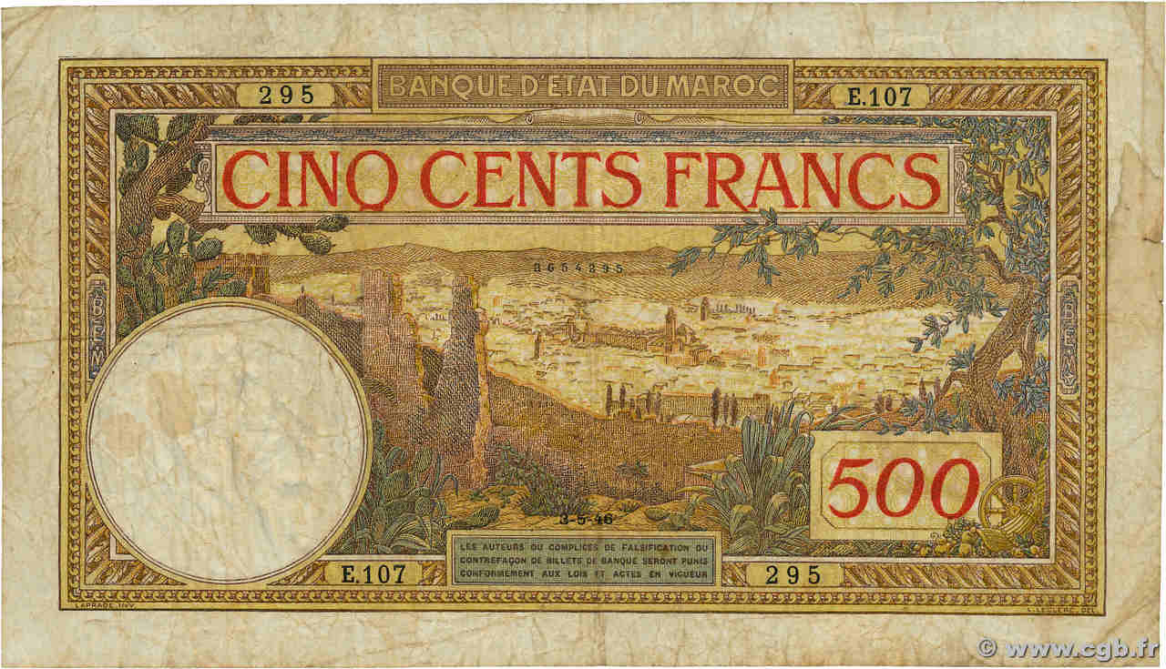 500 Francs MAROC  1946 P.15b TB