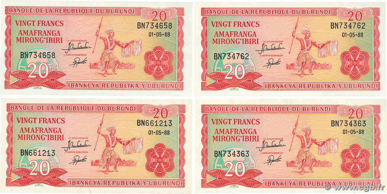 20 Francs Lot BURUNDI  1988 P.27b UNC