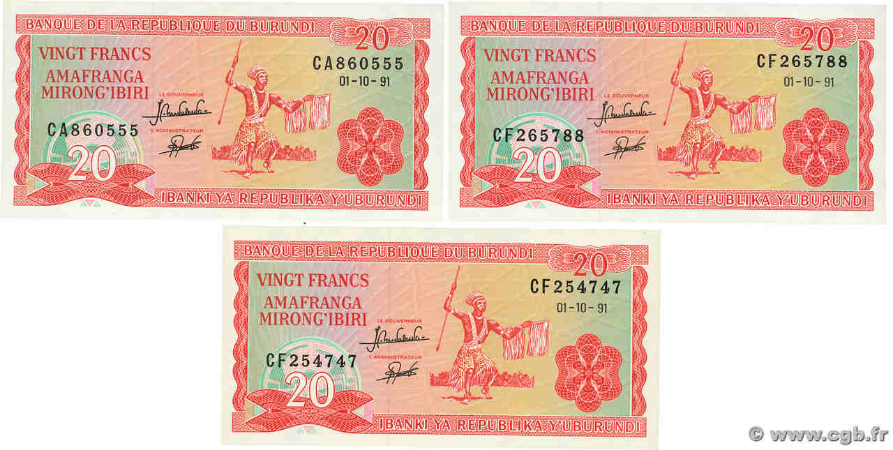 20 Francs Lot BURUNDI  1991 P.27c NEUF