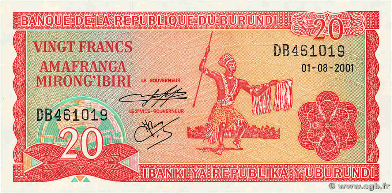 20 Francs BURUNDI  2001 P.27d NEUF