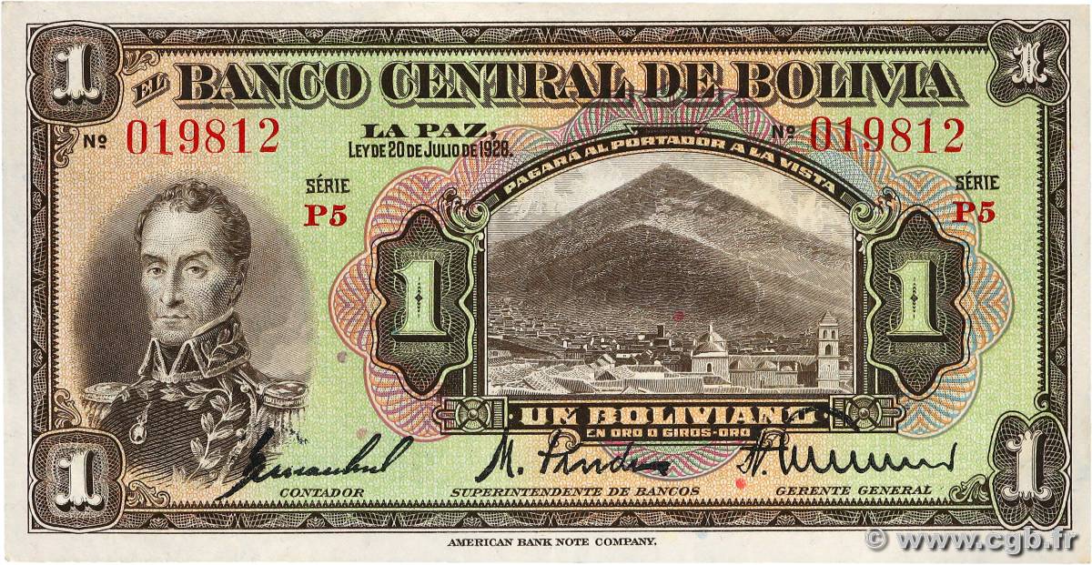 1 Boliviano BOLIVIE  1928 P.118a SPL