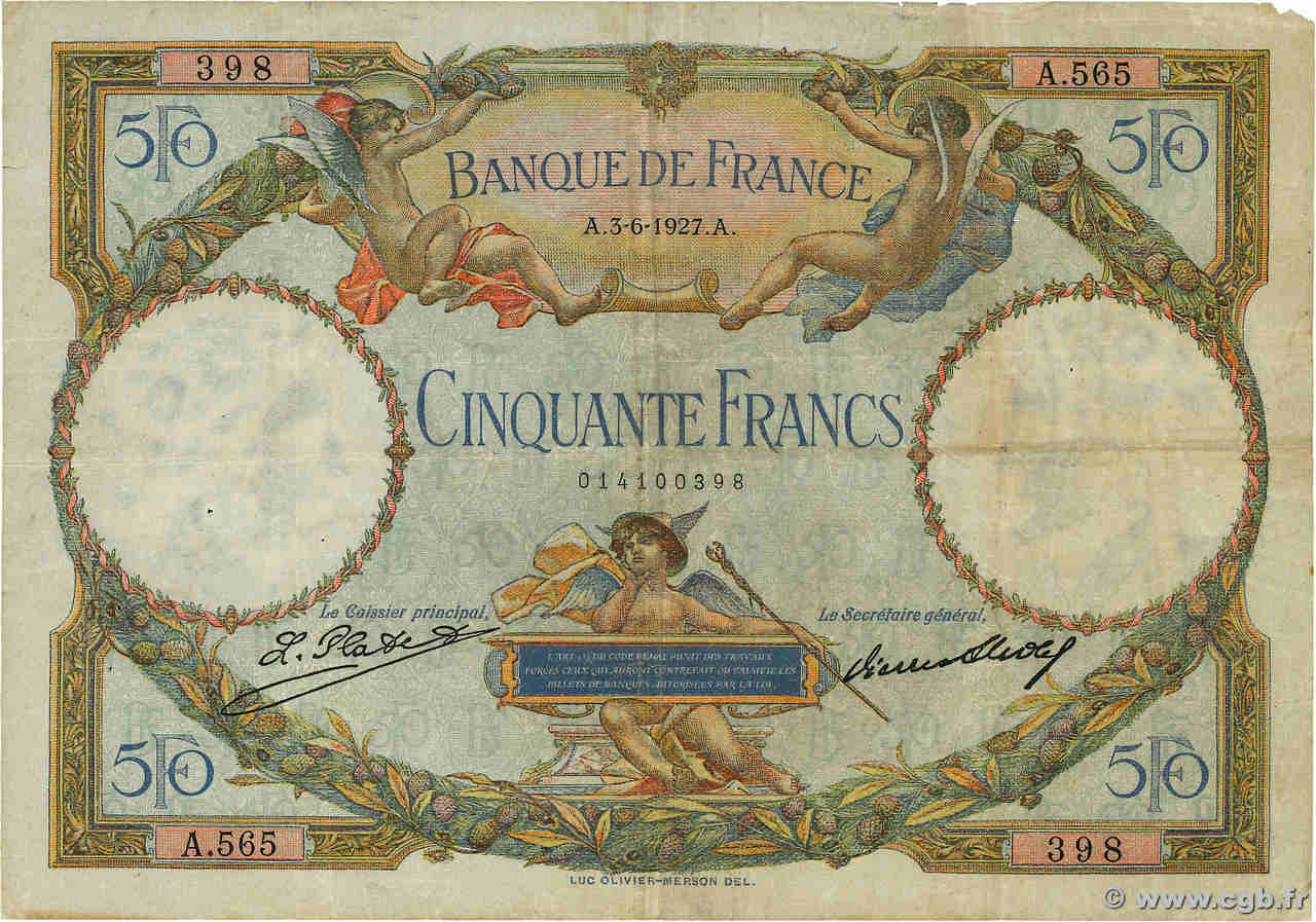 50 Francs LUC OLIVIER MERSON FRANCE  1927 F.15.01 pr.TB