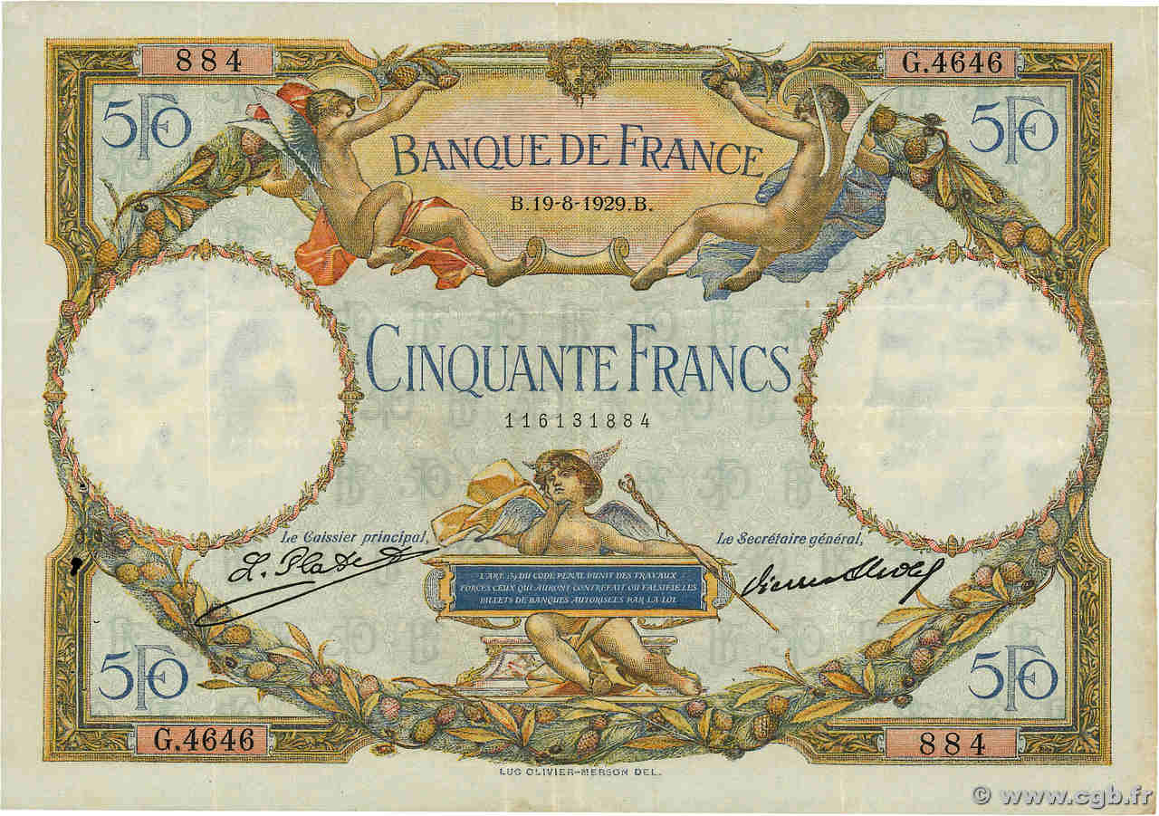 50 Francs LUC OLIVIER MERSON FRANCE  1929 F.15.03 VF-