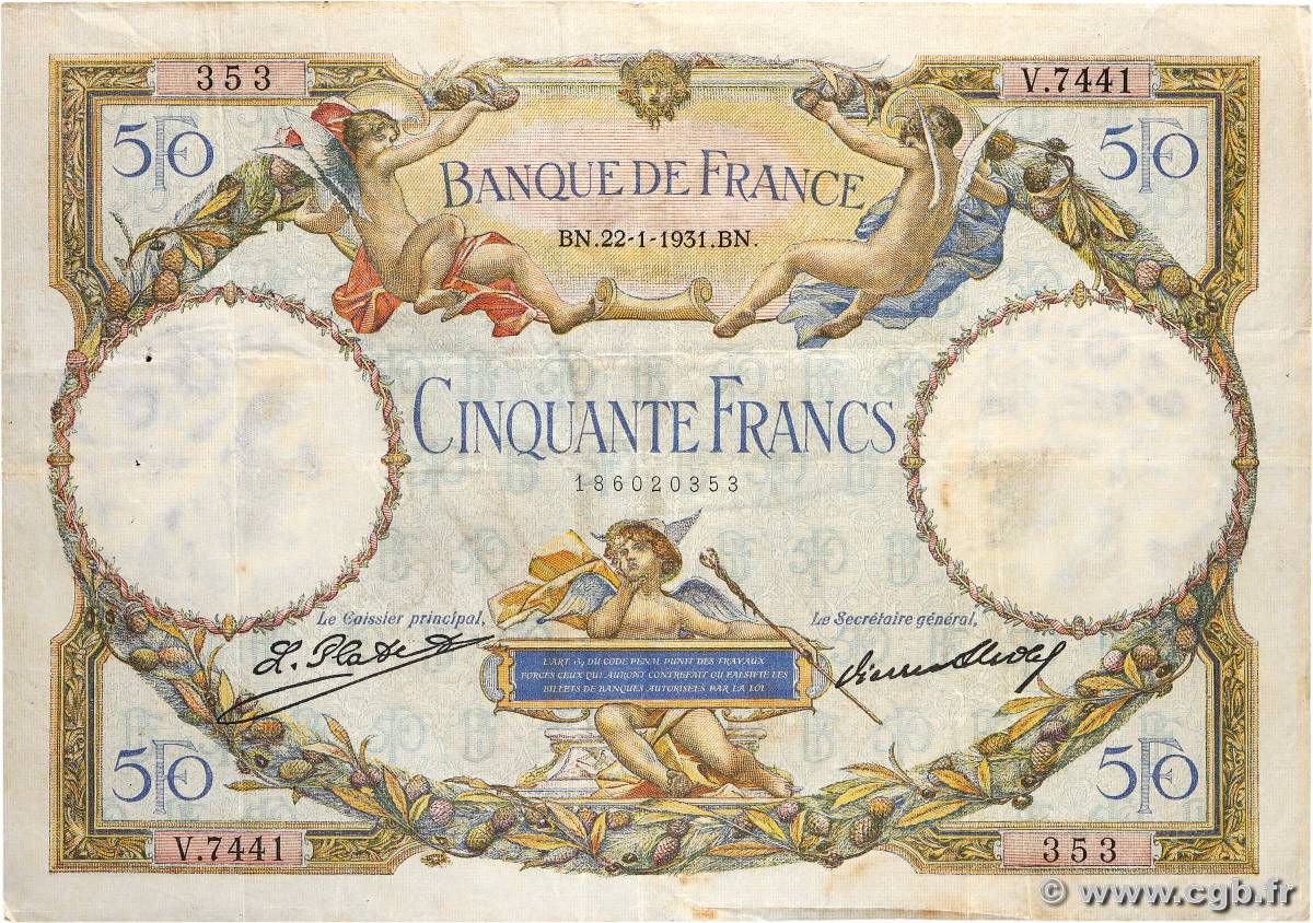 50 Francs LUC OLIVIER MERSON type modifié FRANCE  1931 F.16.02 pr.TTB