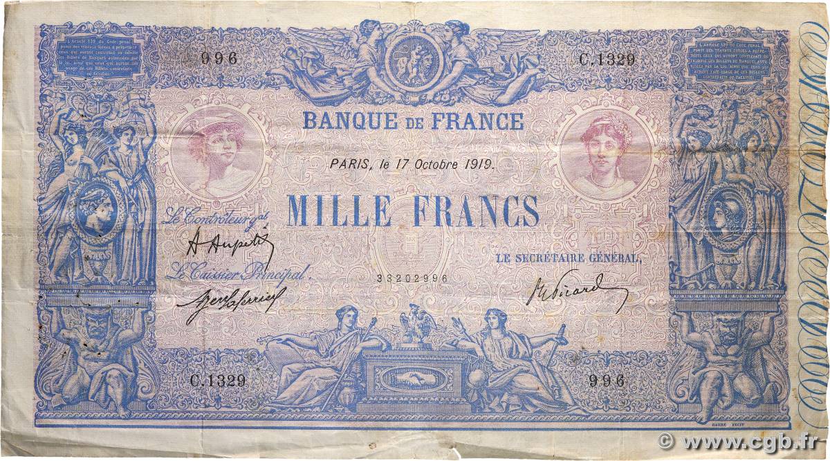 1000 Francs BLEU ET ROSE FRANCE  1919 F.36.34 TB