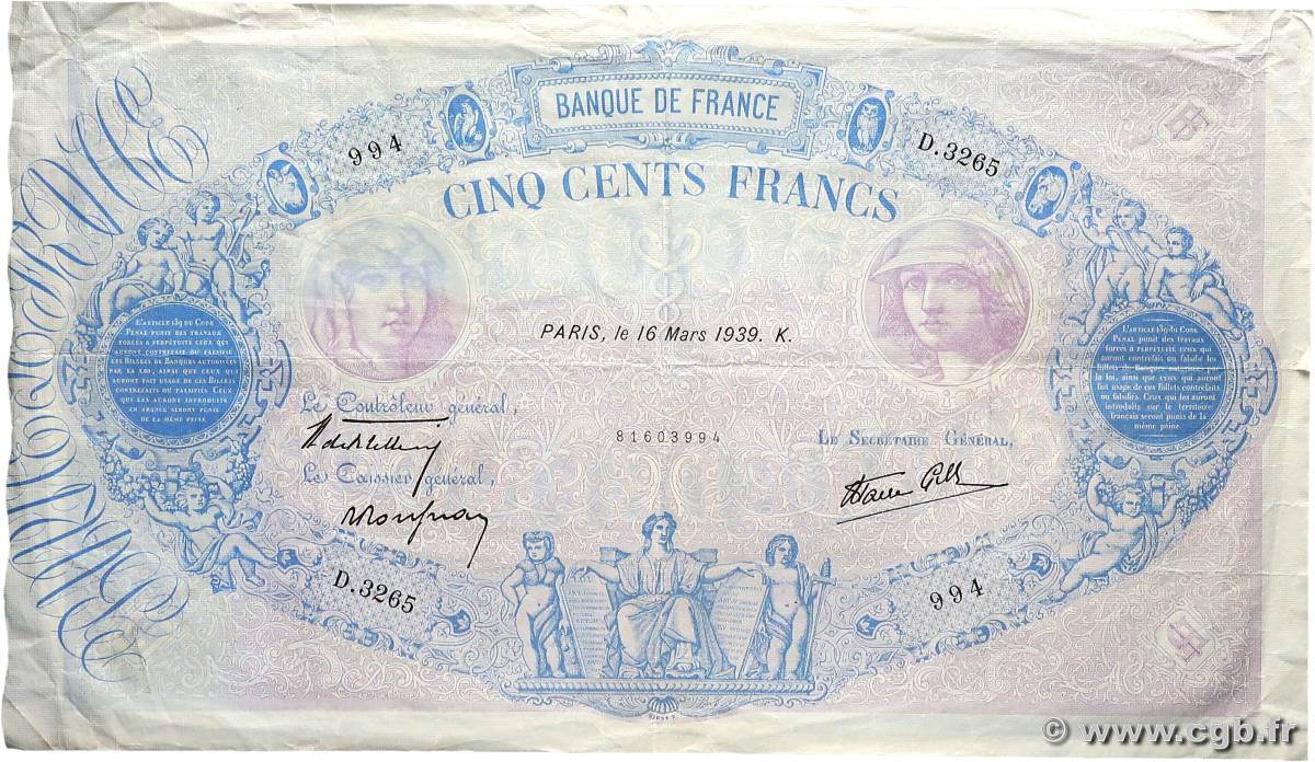 500 Francs BLEU ET ROSE modifié FRANCE  1939 F.31.27 pr.TTB