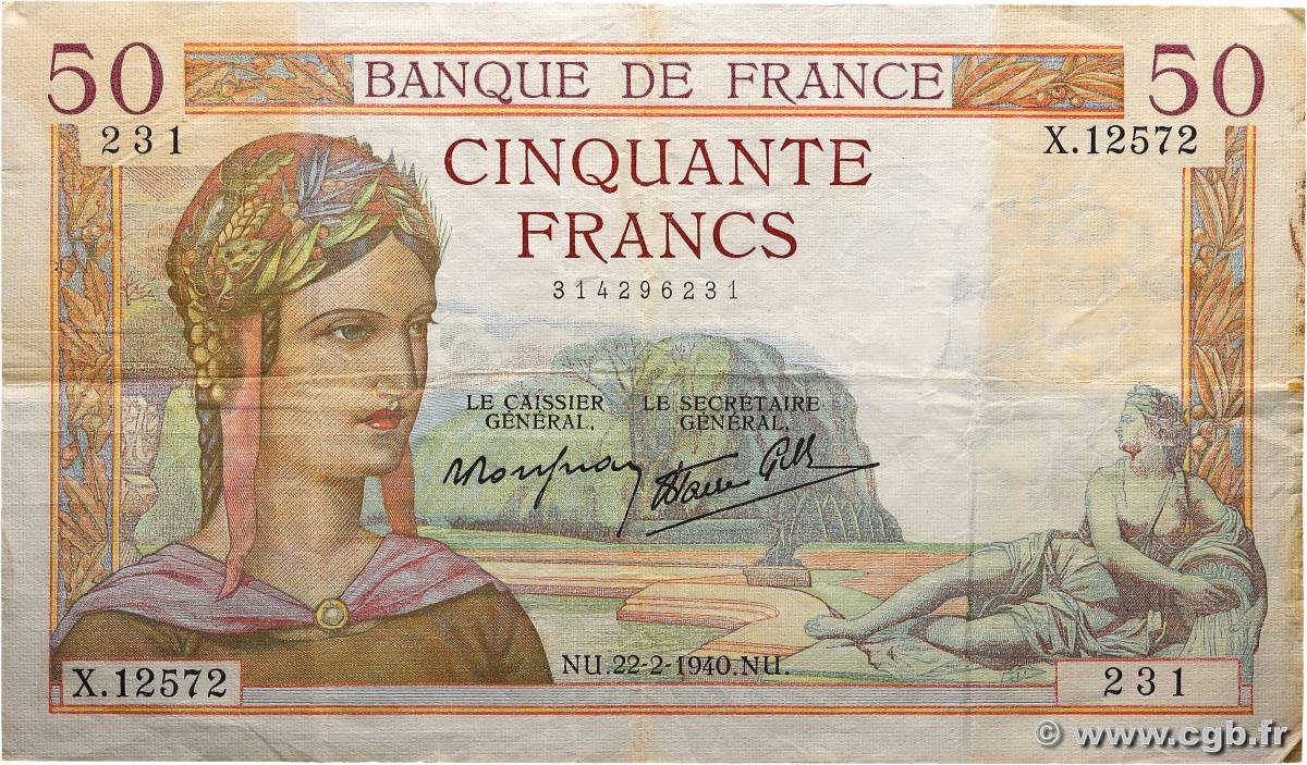 50 Francs CÉRÈS modifié FRANCE  1940 F.18.39 VF