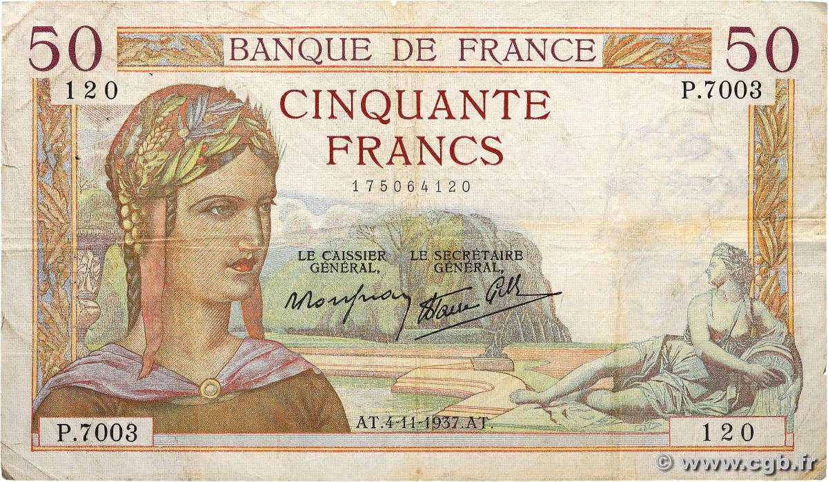 50 Francs CÉRÈS modifié FRANCE  1937 F.18.04 F-