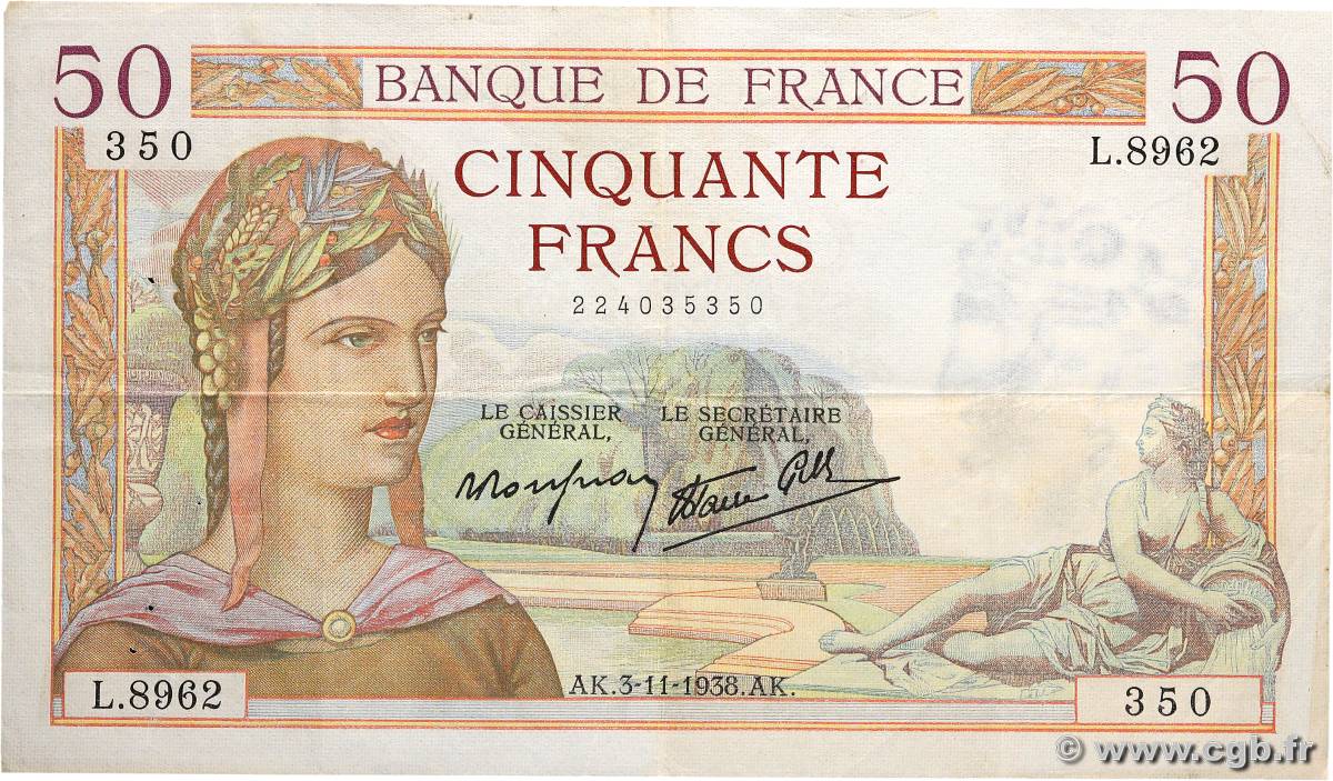 50 Francs CÉRÈS modifié FRANCE  1938 F.18.18 VF