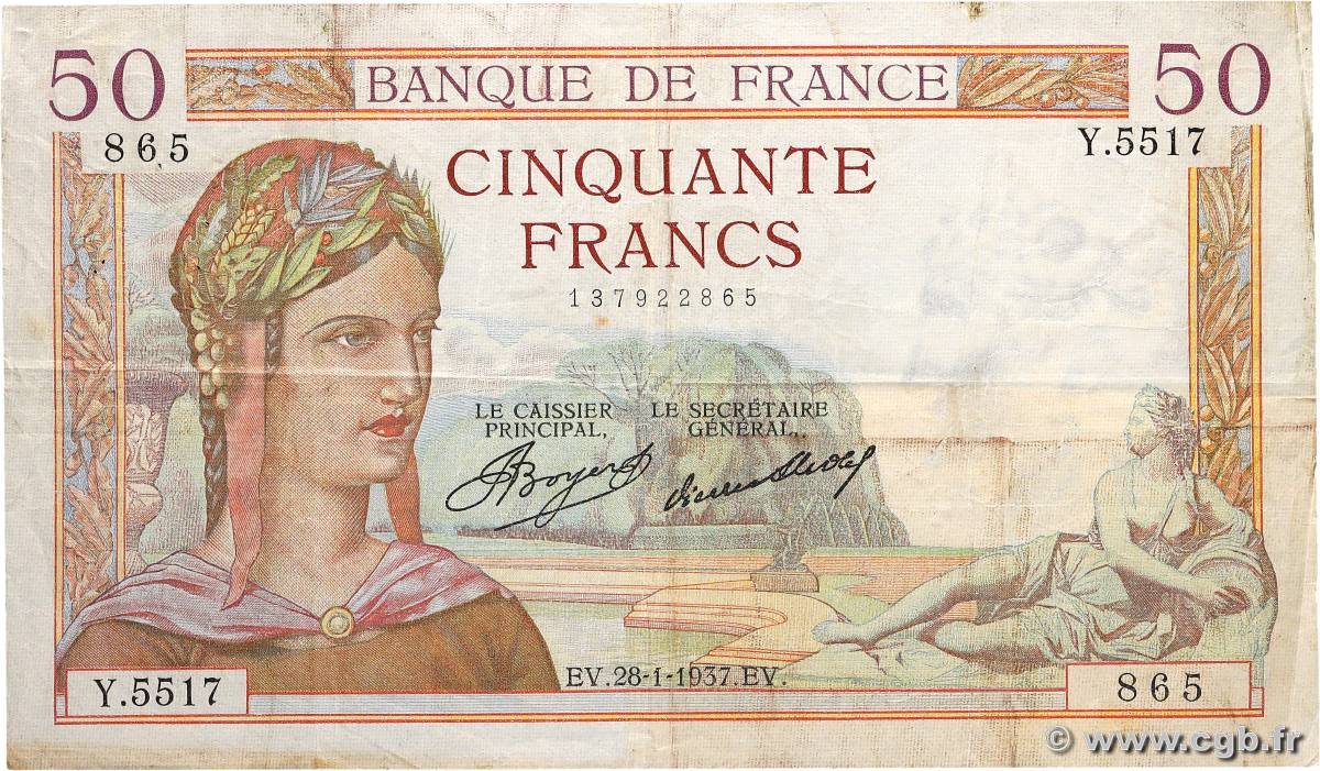 50 Francs CÉRÈS FRANCE  1937 F.17.33 F+