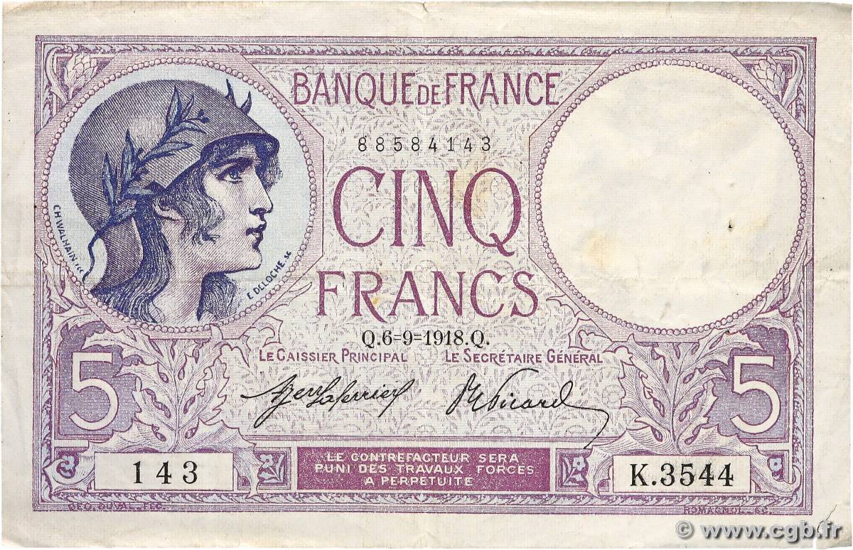 5 Francs FEMME CASQUÉE FRANCE  1918 F.03.02 F