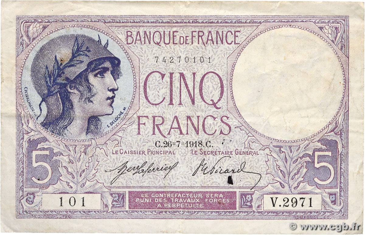 5 Francs FEMME CASQUÉE FRANCE  1918 F.03.02 TB