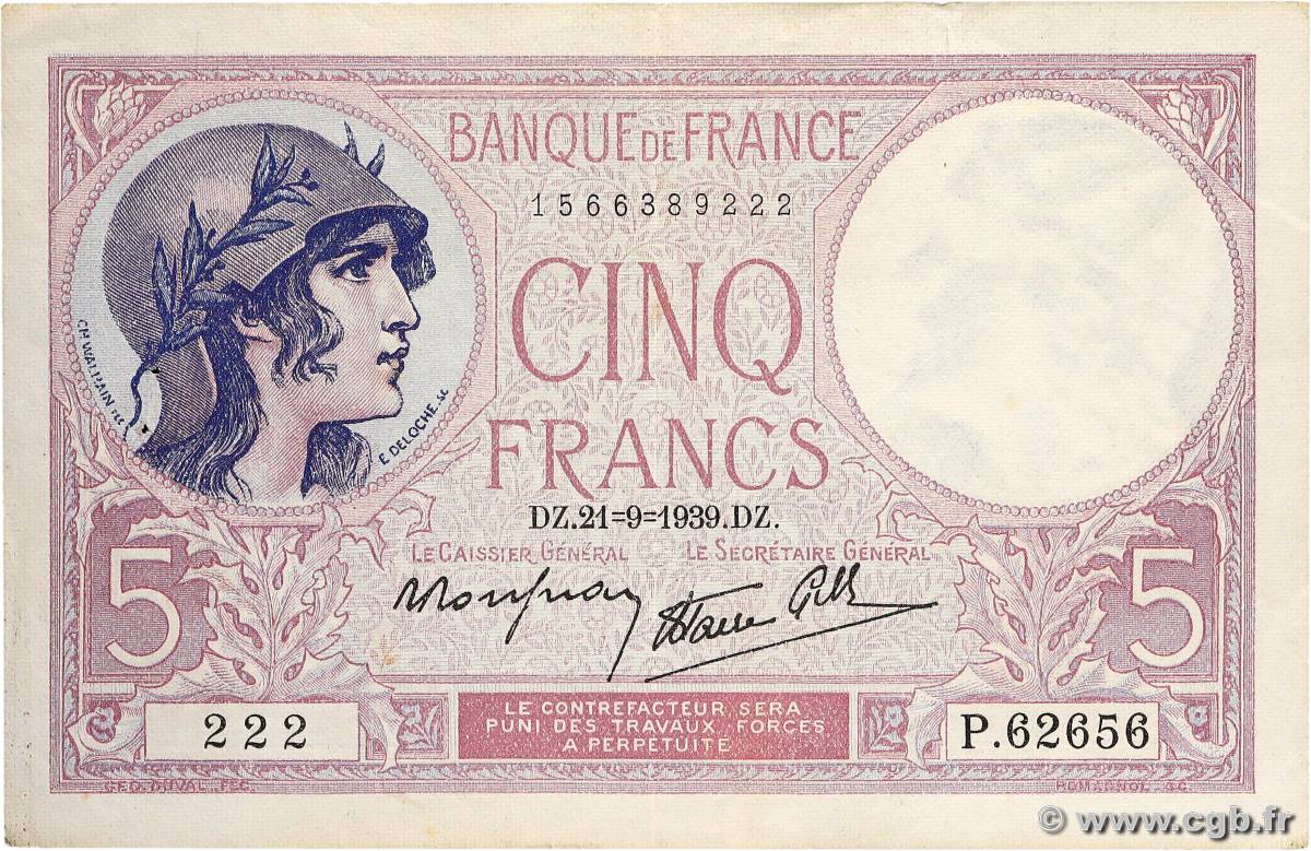 5 Francs FEMME CASQUÉE modifié FRANCE  1939 F.04.09 VF