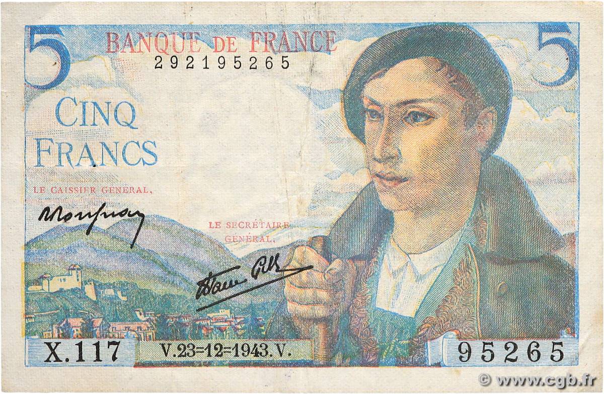 5 Francs BERGER FRANCE  1943 F.05.05 TTB