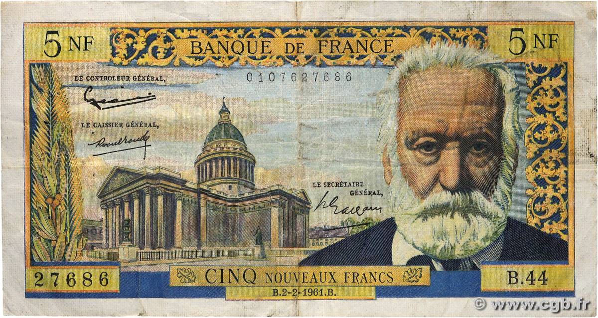 5 Nouveaux Francs VICTOR HUGO FRANCE  1961 F.56.06 TB