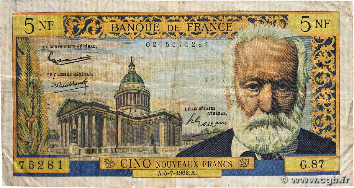 5 Nouveaux Francs VICTOR HUGO FRANCE  1962 F.56.12 VG