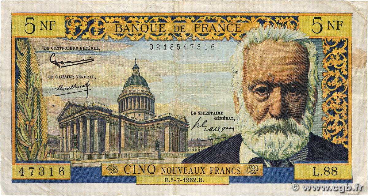 5 Nouveaux Francs VICTOR HUGO FRANCE  1962 F.56.12 pr.TB