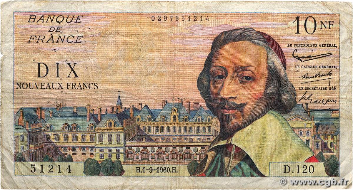 10 Nouveaux Francs RICHELIEU FRANCE  1960 F.57.10 VG