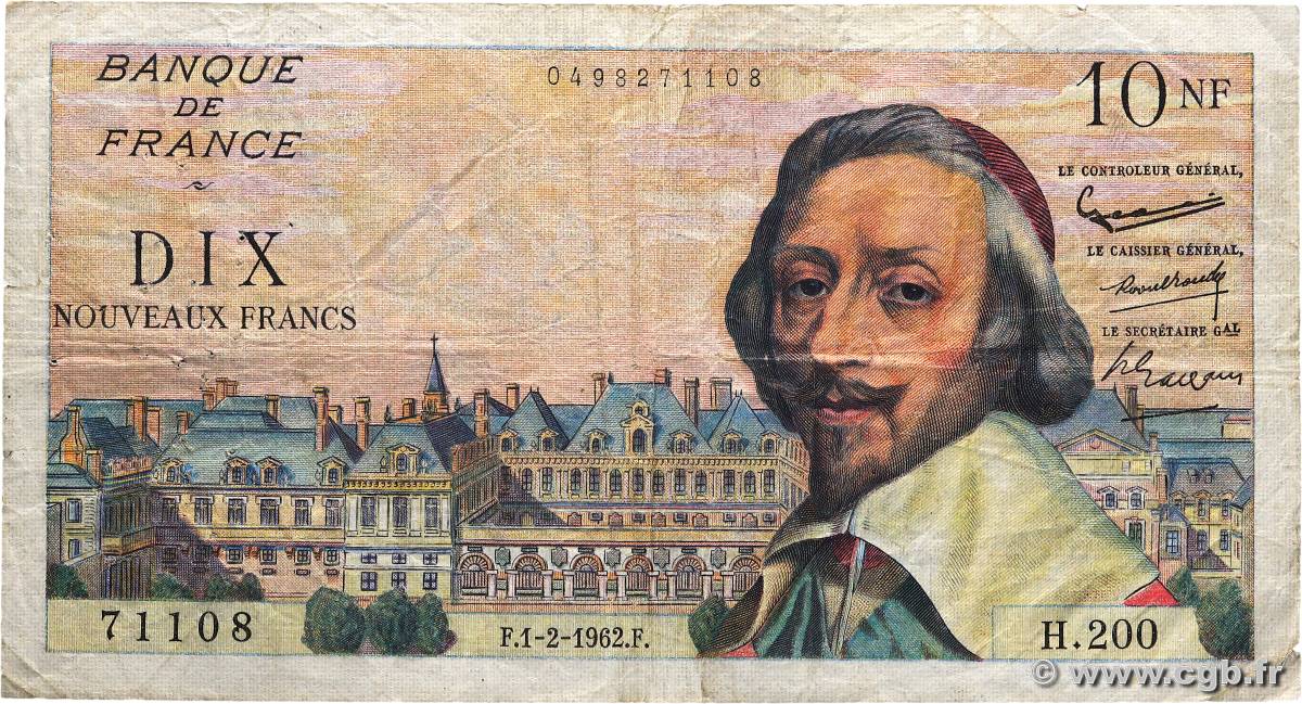 10 Nouveaux Francs RICHELIEU FRANCE  1962 F.57.17 VG