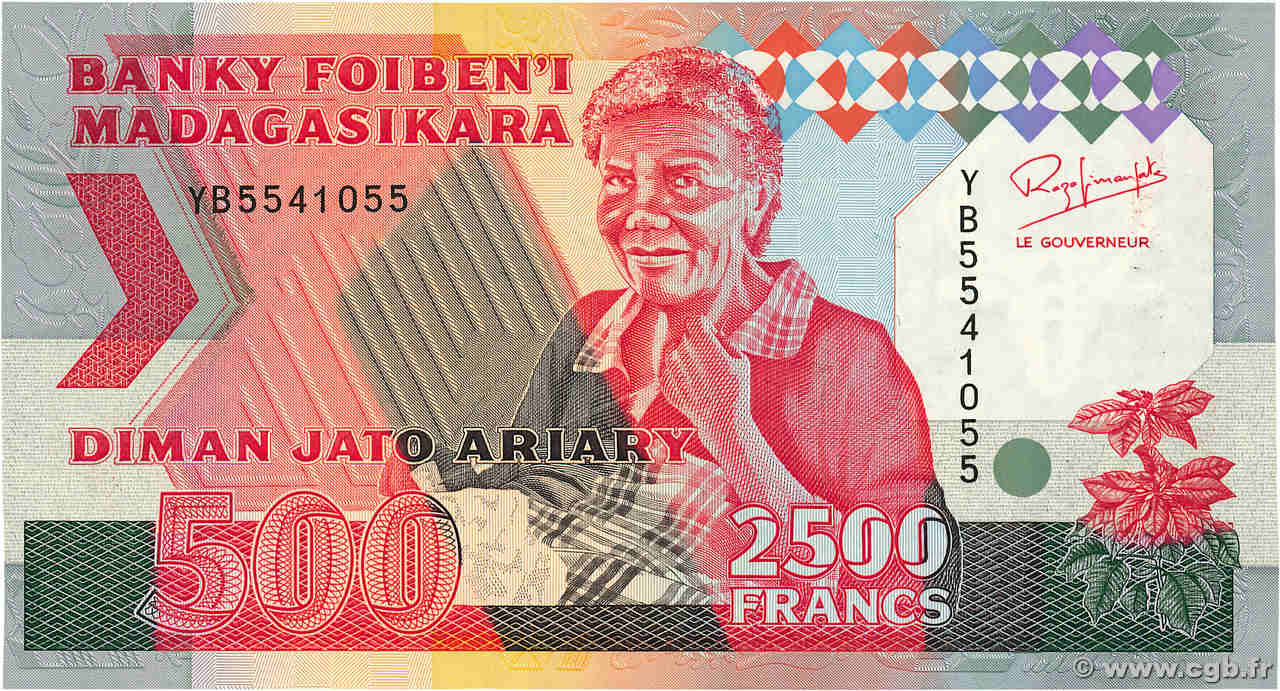 2500 Francs - 500 Ariary MADAGASCAR  1993 P.072Aa UNC-