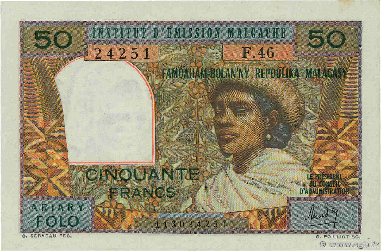 50 Francs - 10 Ariary MADAGASCAR  1969 P.061 SUP+