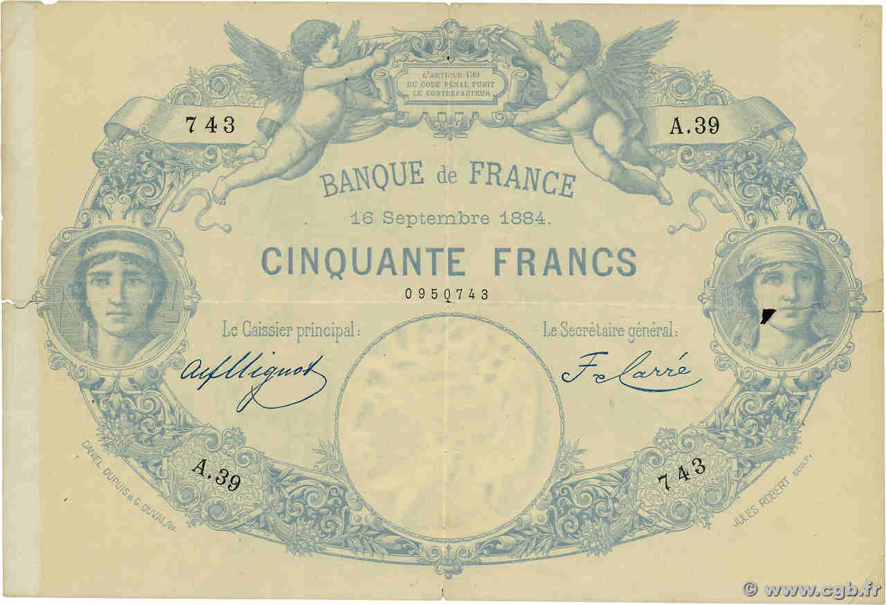 50 Francs type 1884 - À filigrane dégagé FRANCE  1884 F.A47.01 F