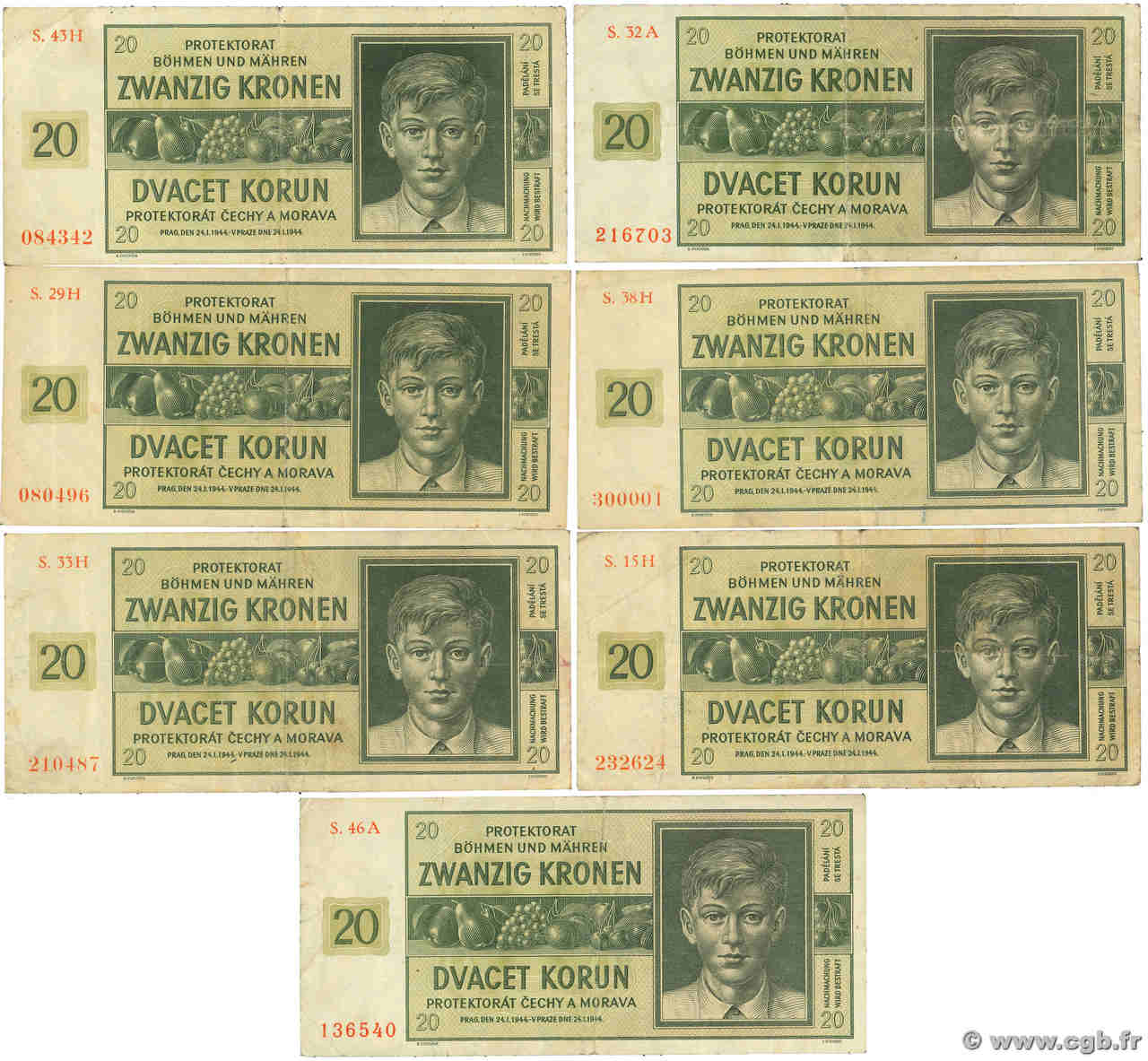 20 Korun Lot BOHEMIA & MORAVIA  1944 P.09a F - VF