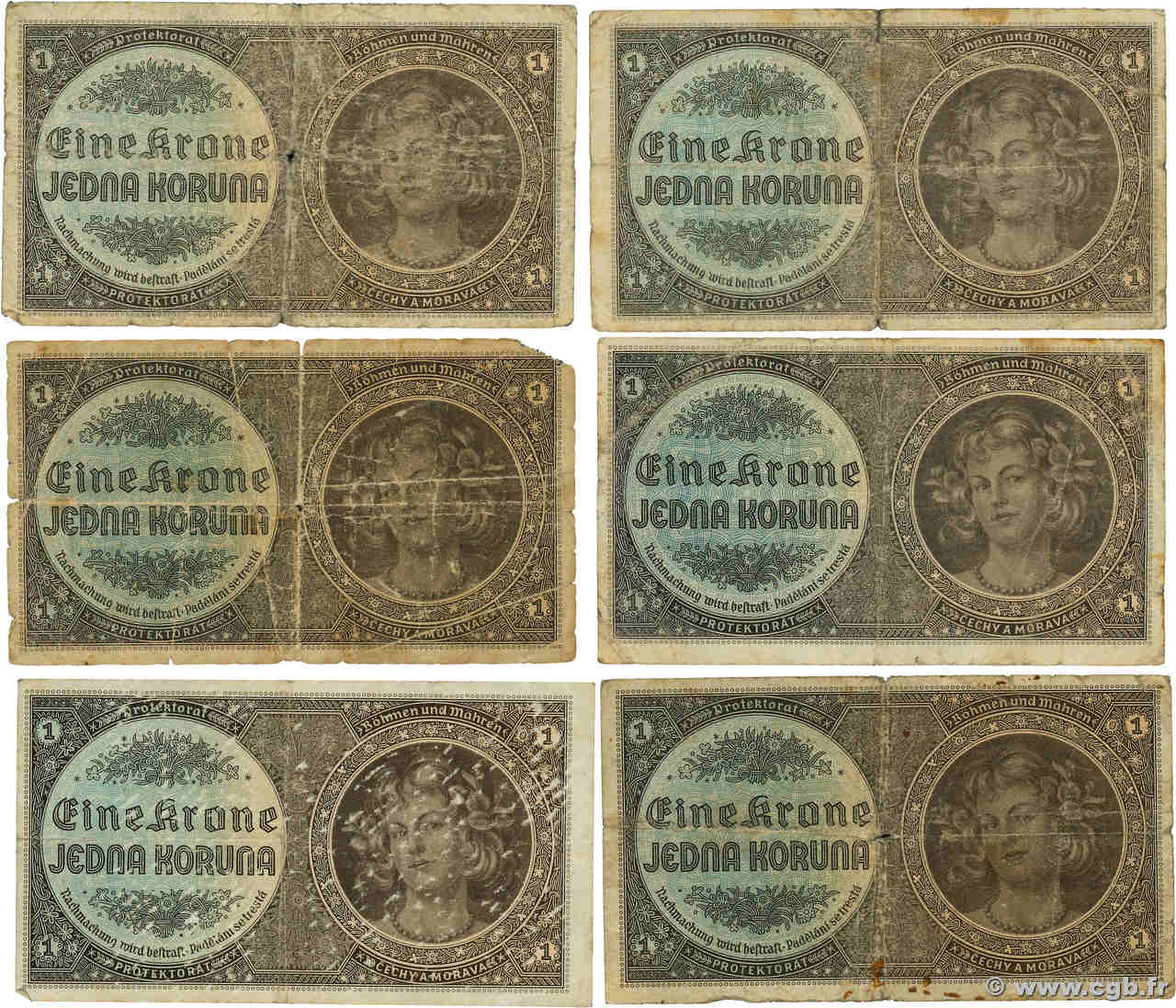 1 Koruna Lot BOHEMIA & MORAVIA  1940 P.03a VG