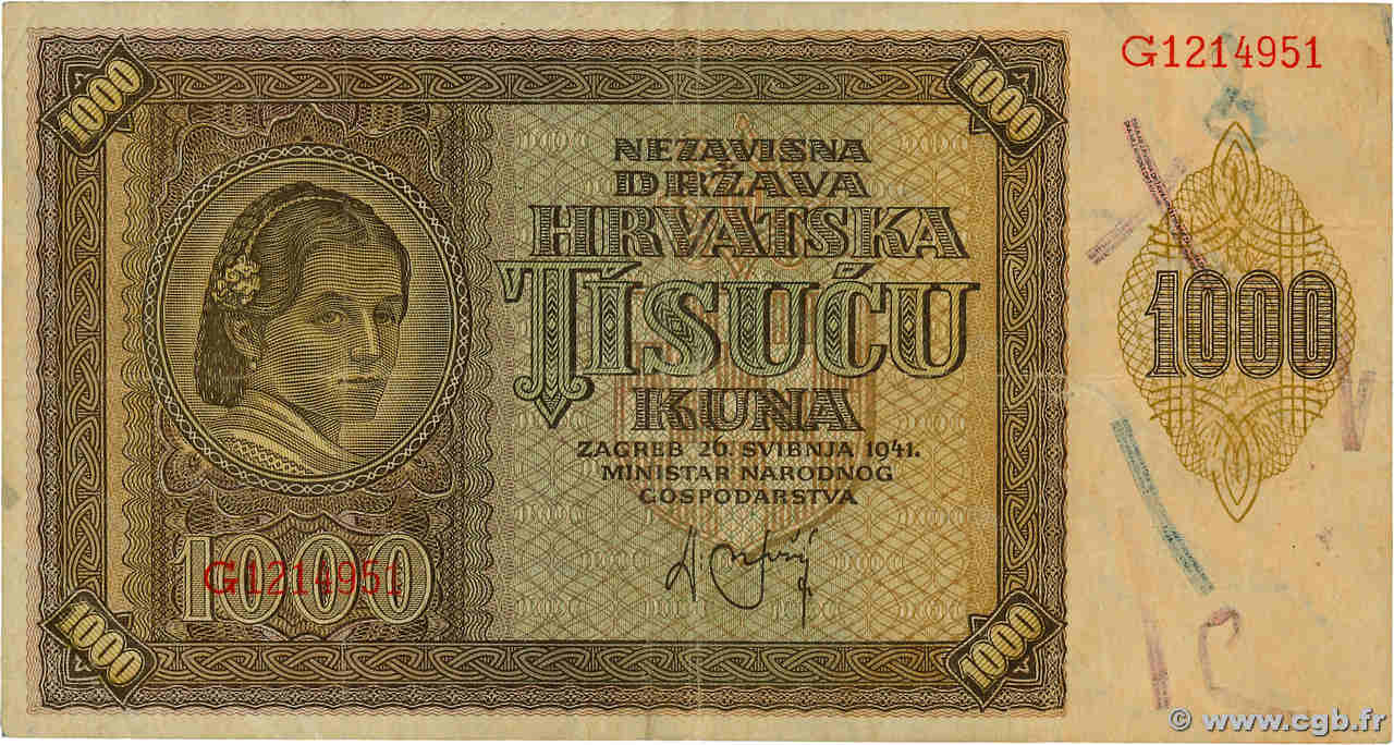 1000 Kuna CROATIE  1941 P.04a TB