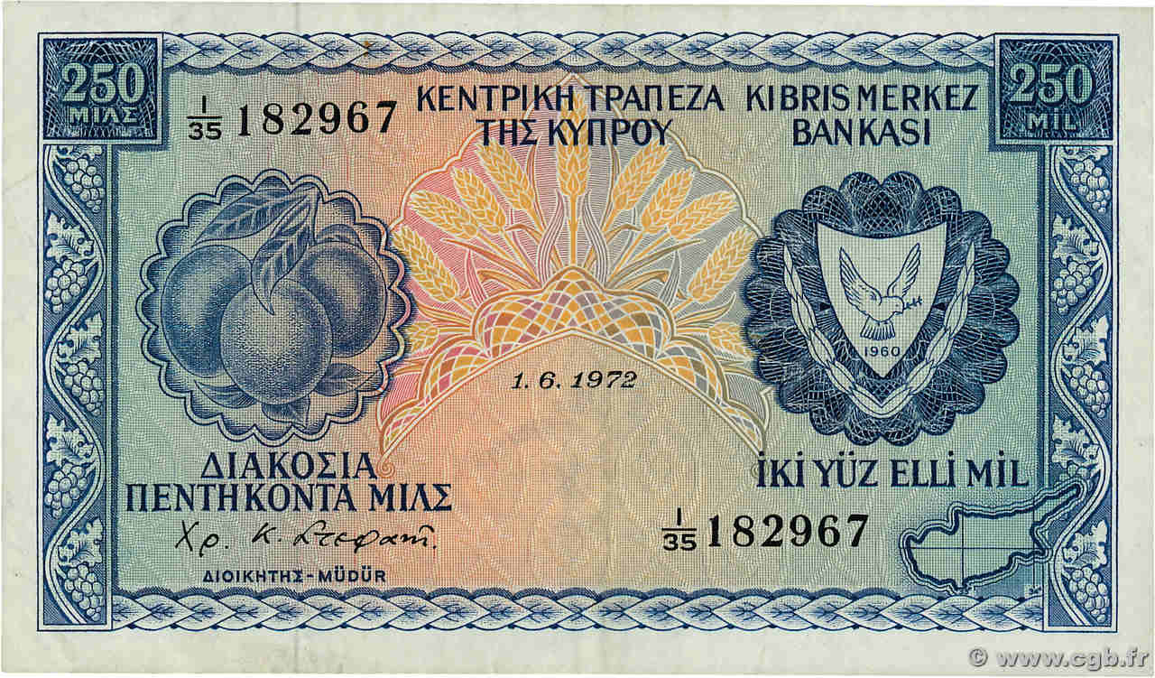 250 Mils CHYPRE  1972 P.41b TTB+