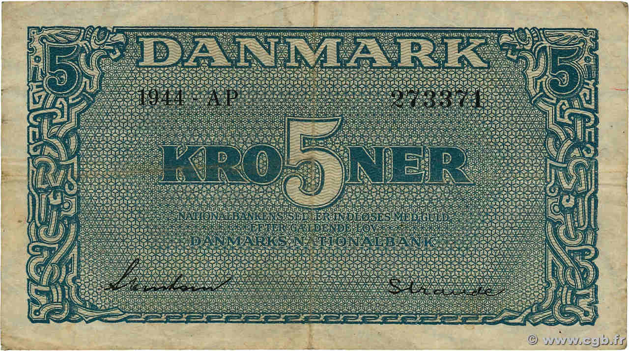 5 Kroner DANEMARK  1944 P.035a TB