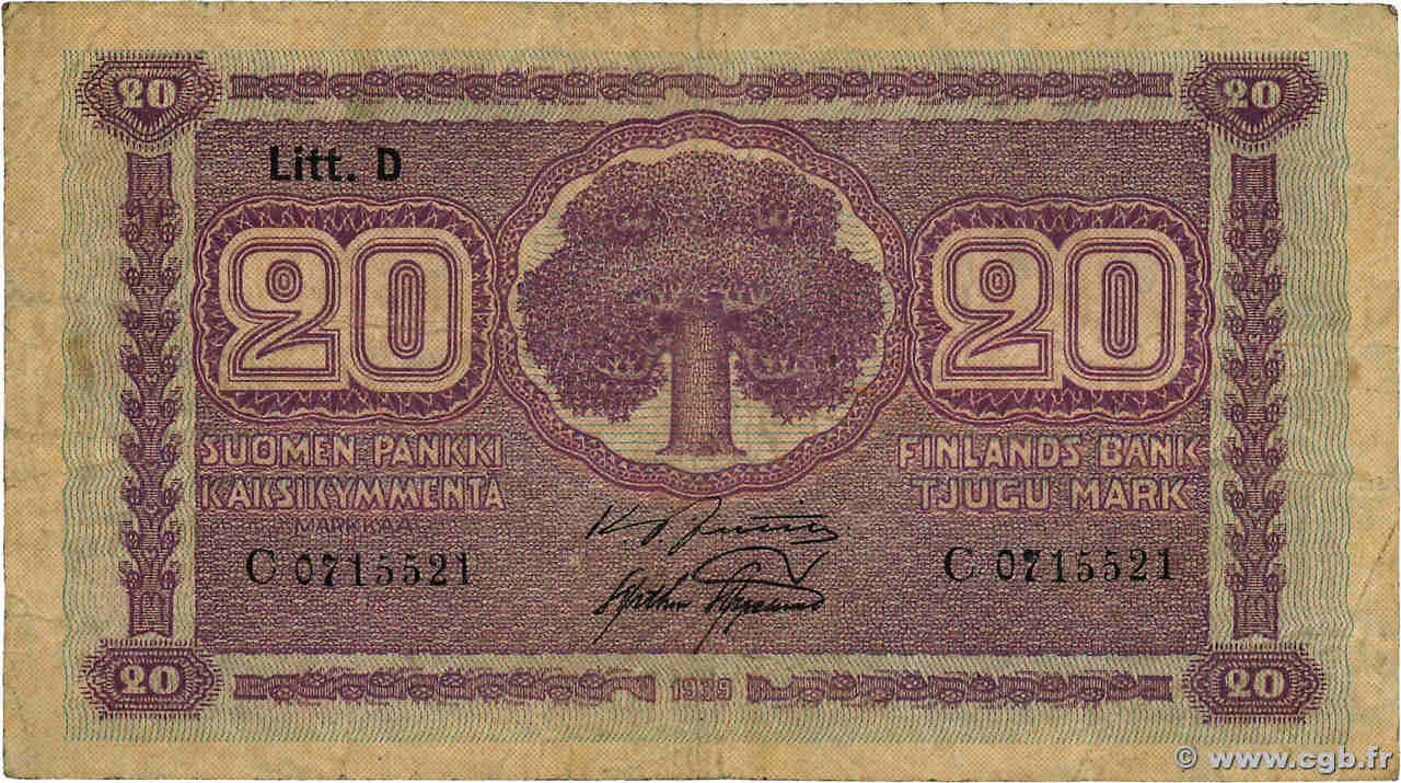 20 Markkaa FINLAND  1939 P.071a VG