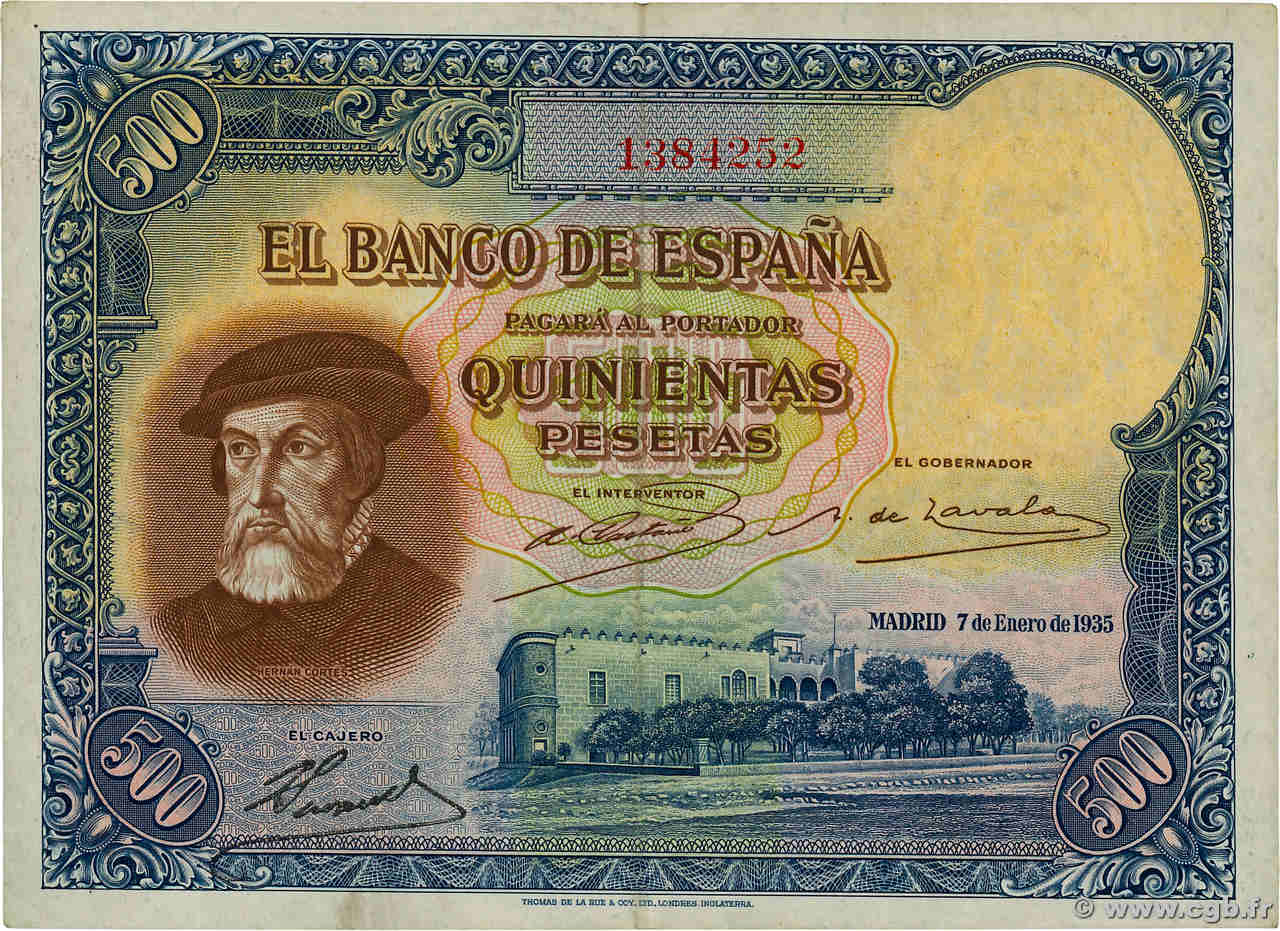 500 Pesetas SPAIN  1935 P.089 VF+