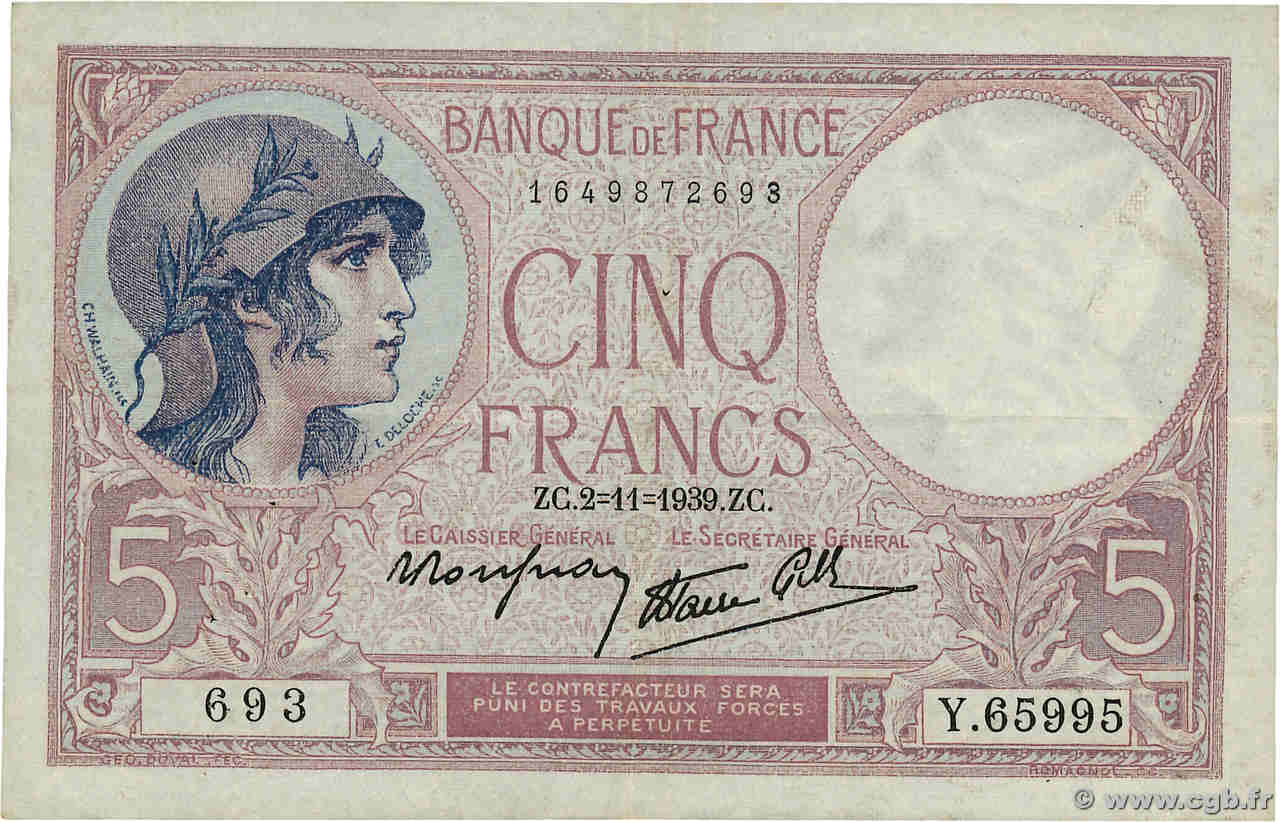 5 Francs FEMME CASQUÉE modifié FRANCIA  1939 F.04.14 BB