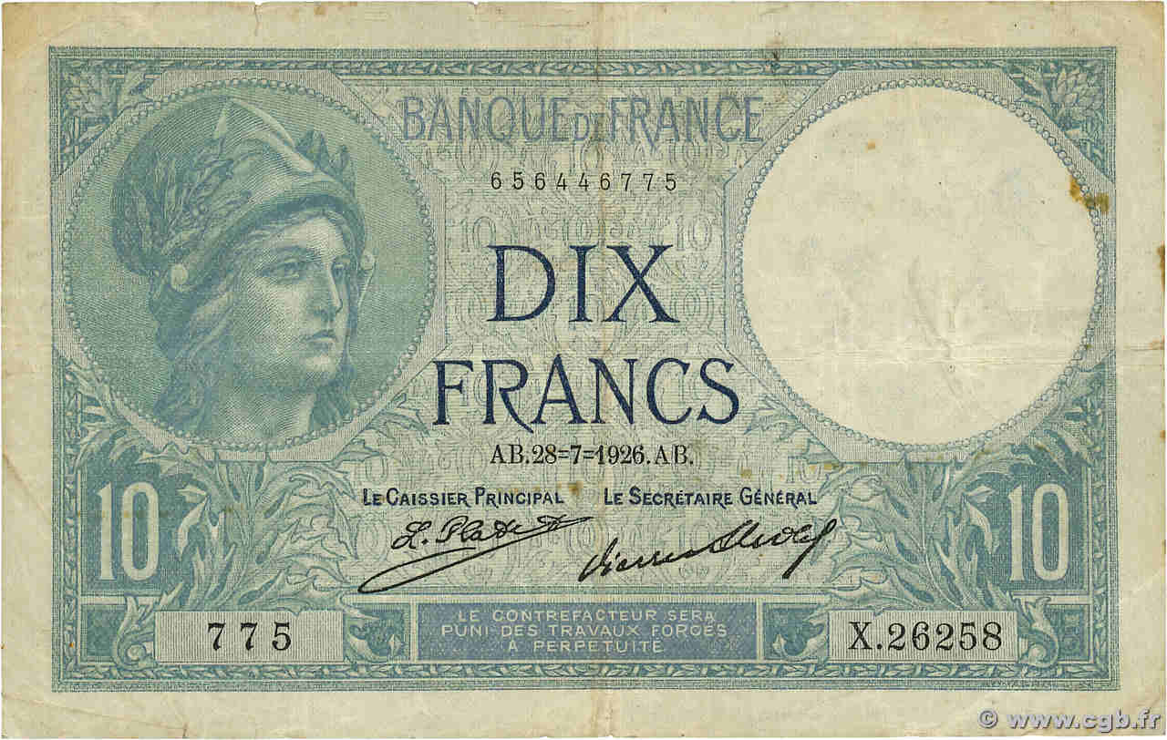 10 Francs MINERVE FRANCE  1926 F.06.11a TB