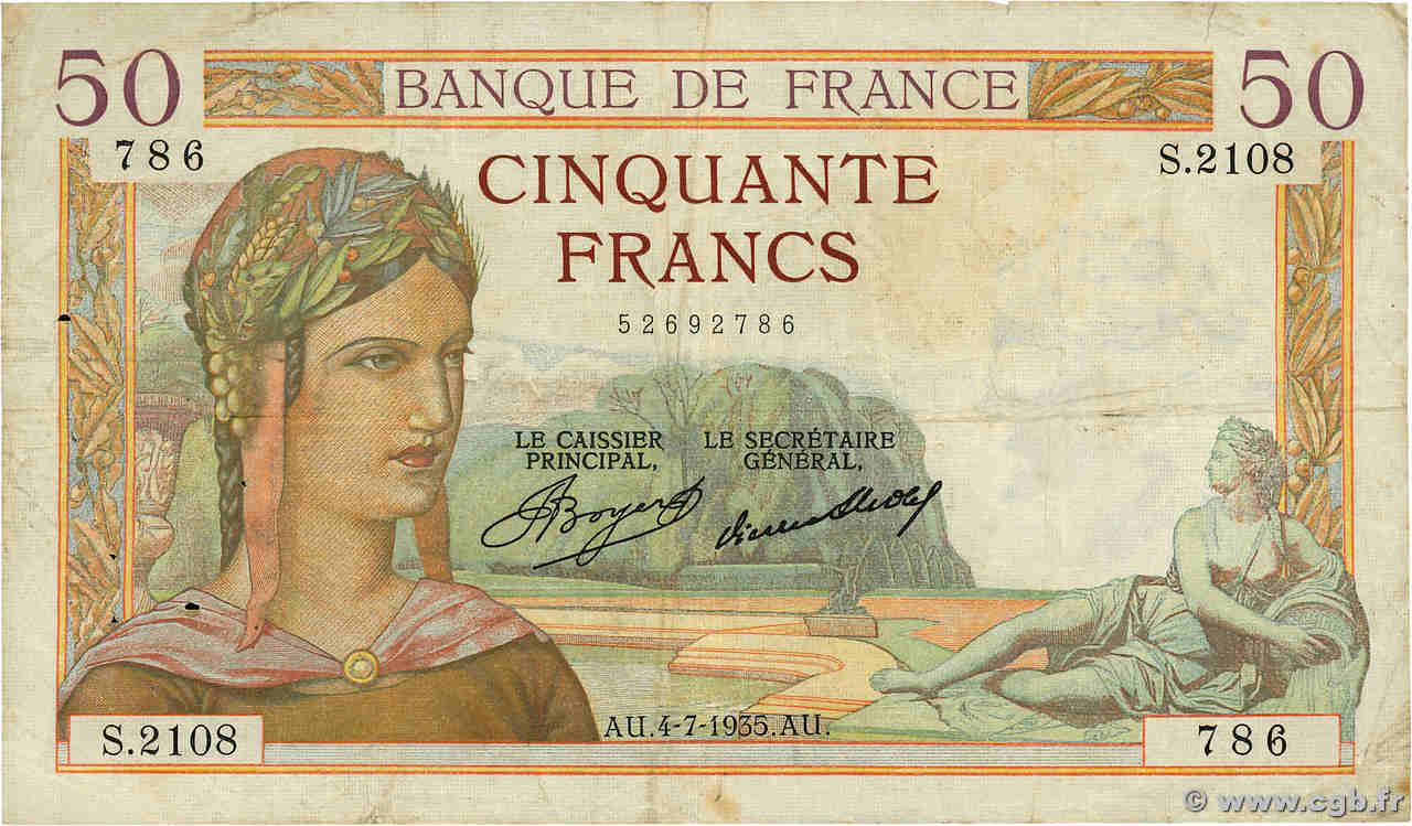 50 Francs CÉRÈS FRANCE  1935 F.17.12 B