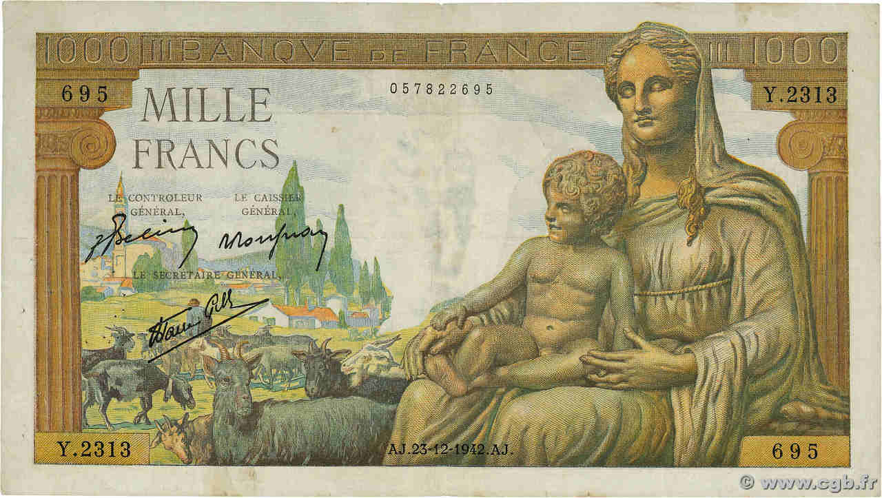 1000 Francs DÉESSE DÉMÉTER FRANCIA  1942 F.40.14 q.MB