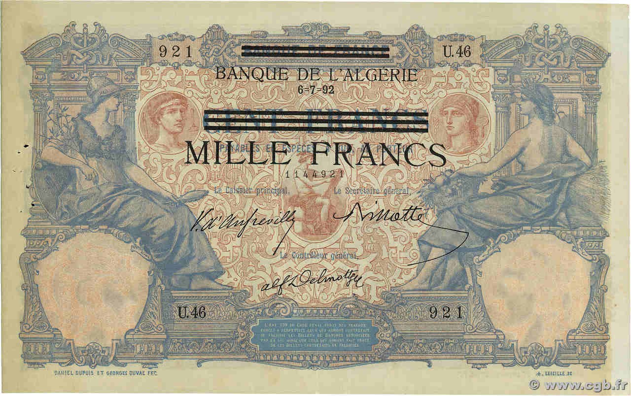 1000 Francs sur 100 Francs TUNISIE  1942 P.31 SUP